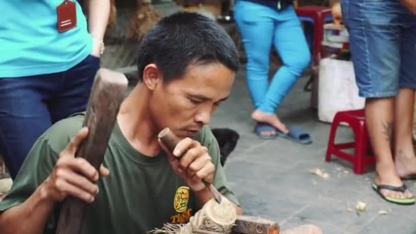 Hoi An Vietnam 'da bir adam tarafından yapılmış ahşap oyma. — Stok video