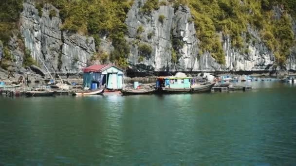 Flytande fiskeby i Ha Long Bay. Cat Ba Island, Vietnam. — Stockvideo