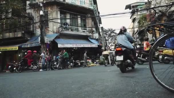 The Bustling Street Scene Of Hanoi, Vietnam, Old Town, Motorcycles Cars Traffic — стокове відео