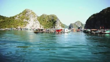 Ha Long Körfezi 'nde yüzen balıkçı köyü. Cat Ba Adası, Vietnam.