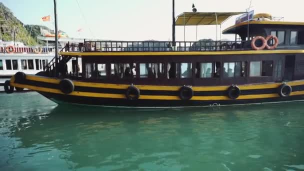 Tourist Cruise Ship Boat In Lagoon Halong Bay, Cat Ba Island Vietnam — Stock Video