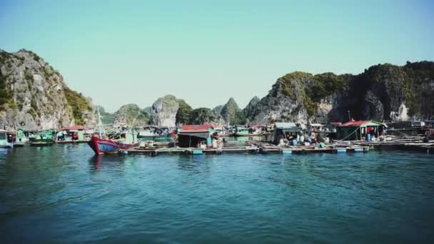 Ha Long Körfezi 'nde yüzen balıkçı köyü. Cat Ba Adası, Vietnam. — Stok video