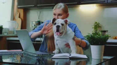 Sarışın kadın internette akrabalarına küçük bir bulldog göstermek için video görüşmesi yapıyor.