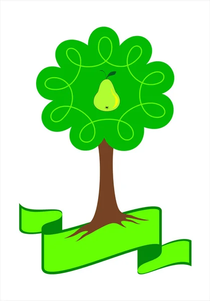 风格的梨树标志 小梨树 有绿叶 树根和梨 孤立向量插图 — 图库矢量图片