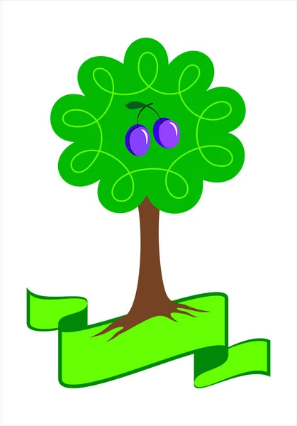 Logo Prunier Stylisé Jeune Arbre Aux Feuilles Vertes Racines Prunes — Image vectorielle