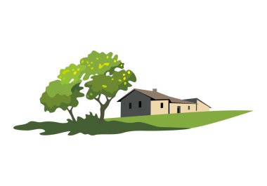 Kırsal manzara ev ve ağaç. Kavramı ülke evi vektör çizim.
