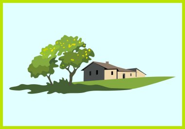 Kırsal manzara ev ve çerçeve ağacında. Kavramı ülke evi vektör çizim.