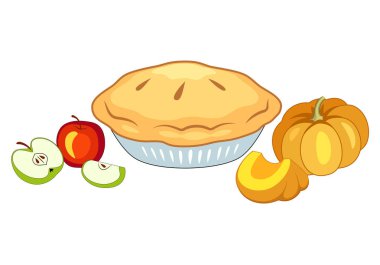 Tatil Pastası. Plaka vektör illüstrasyon üzerinde elma ve kabak pasta.