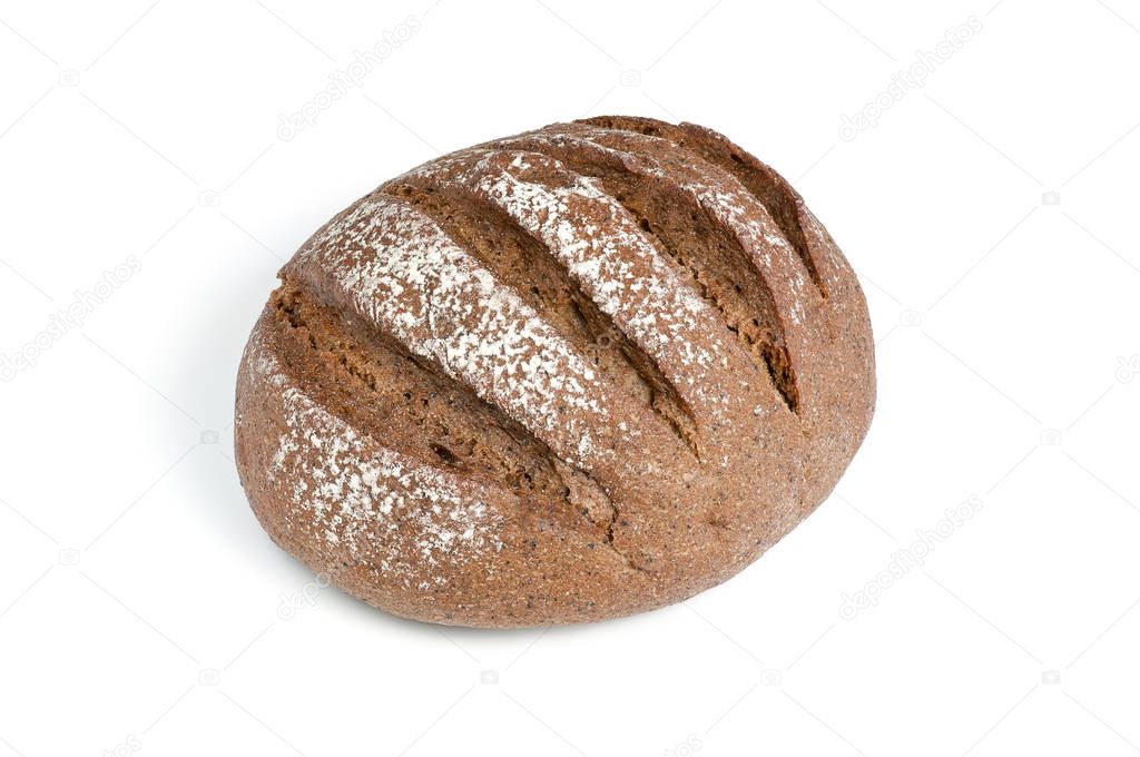 Traditional round rye bread isolated on white background.
