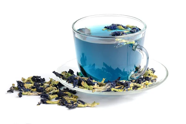 Πεταλούδα Λουλούδι Μπλε Τσάι Γυάλινο Κύπελλο Απομονώνονται Λευκό Φόντο Υγιές — Φωτογραφία Αρχείου