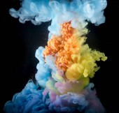 Картина, постер, плакат, фотообои "colorful rainbow paint drops from above mixing in water. ink swirling underwater.", артикул 208346050