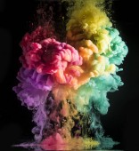 Картина, постер, плакат, фотообои "colorful rainbow paint drops from above mixing in water. ink swirling underwater.", артикул 208346310