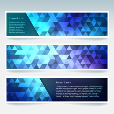 Mavi arka plan ile banner şablonlar kümesi. Poligonal arka plan ile modern vektör afiş