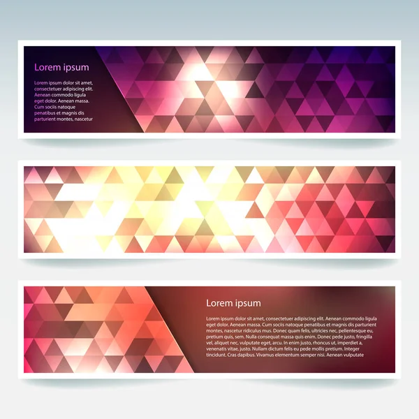 Yatay Banner poligonal üçgenler ile ayarlayın. Çokgen arka plan, vektör çizim. Mor, turuncu renkler.