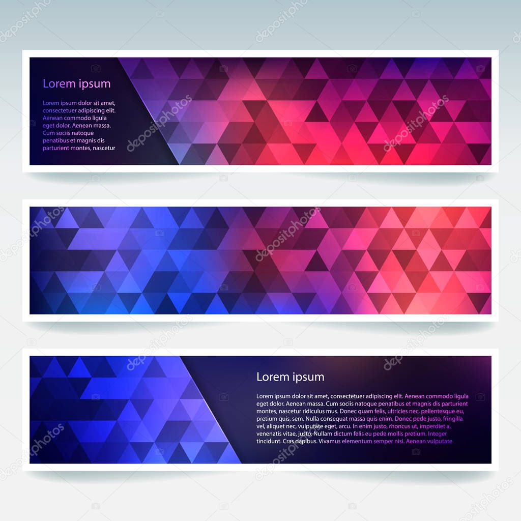 Abstract banner with business design templates. Set of Banners with polygonal mosaic backgrounds. Geometric triangular vector illustration. Pink, blue, purple colors.