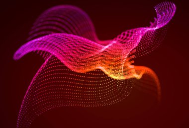 Akan parçacıkları ile soyut renkli dijital manzara. Siber veya teknoloji arka plan. Kırmızı, pembe, turuncu renkler.