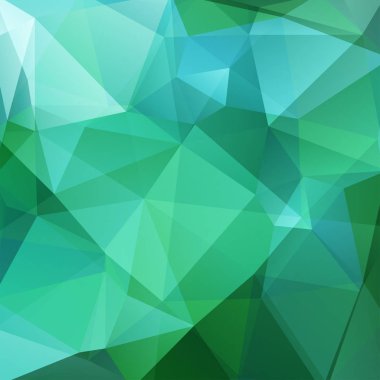 Yeşil, mavi üçgenlerden oluşan soyut bir arkaplan. İş sunumları veya web şablonu afişi için geometrik tasarım. Vektör illüstrasyonu