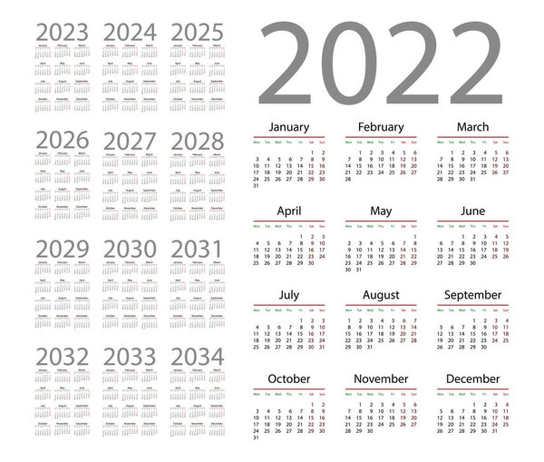 Простой календарь 2022 на белом фоне. Векторная иллюстрация
