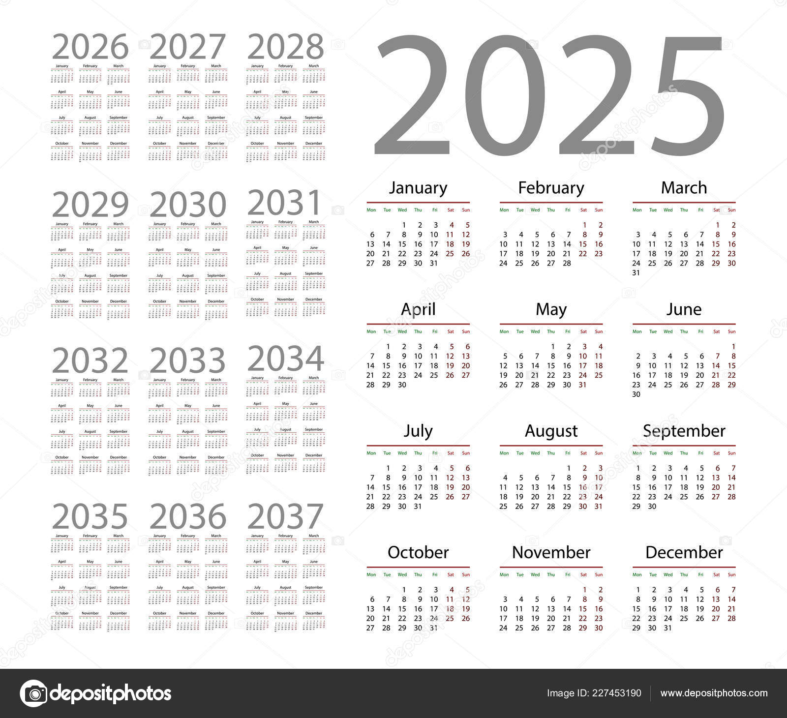 Simple Calendar 2025 White Background Vector Illustration Stock Vector