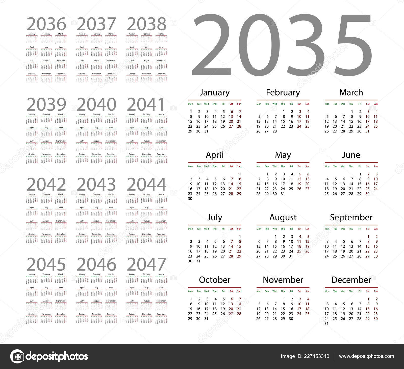 Simple Calendar 2035 White Background Vector Illustration Stock Vector ...