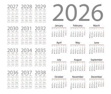 Beyaz arka plan basit takvimde 2026. Vektör çizim