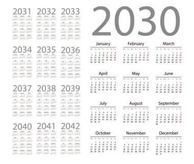 Beyaz arka plan basit takvimde 2030. Vektör çizim