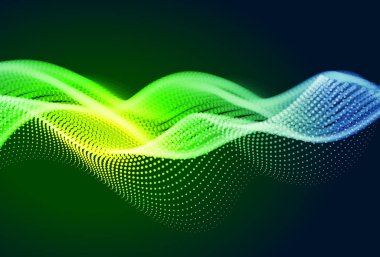 Akan parçacıkları ile soyut renkli dijital manzara. Siber veya teknoloji arka plan. Yeşil, sarı, mavi renkler.