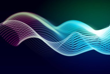 Akan parçacıkları ile soyut renkli dijital manzara. Siber veya teknoloji arka plan. Mor, yeşil, mavi renklerini.