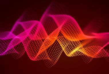 Akan parçacıkları ile soyut renkli dijital manzara. Siber veya teknoloji arka plan. Kırmızı, pembe, turuncu renkler.