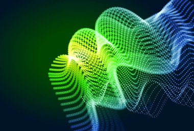 Akan parçacıkları ile soyut renkli dijital manzara. Siber veya teknoloji arka plan. Yeşil, sarı, mavi renkler.