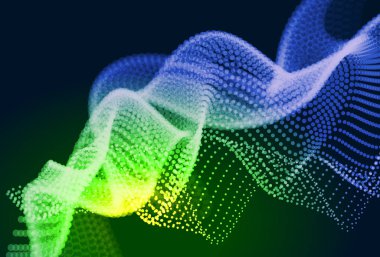 Akan parçacıkları ile soyut renkli dijital manzara. Siber veya teknoloji arka plan. Yeşil, sarı, mavi renkler.