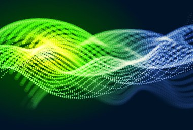 Akan parçacıkları ile soyut renkli dijital manzara. Siber veya teknoloji arka plan. Yeşil, sarı, mavi renkler.