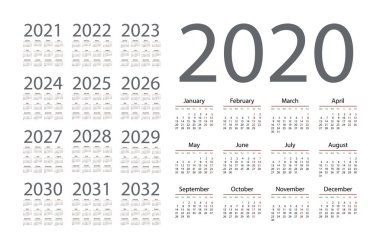 Beyaz arka plan basit takvimde 2020. Vektör çizim