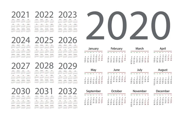 Calendario Simple 2020 Sobre Fondo Blanco Ilustración Vectorial — Vector de stock