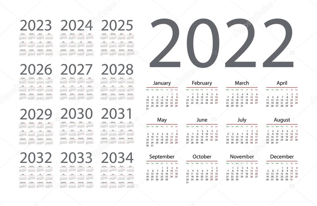 Simple calendar 2022 on white background. Vector illustration