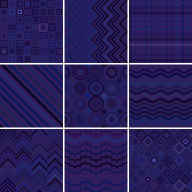 Dokuz Dikişsiz soyut geometrik desen ile vektör çizim ayarlayın. Koyu mavi renk.