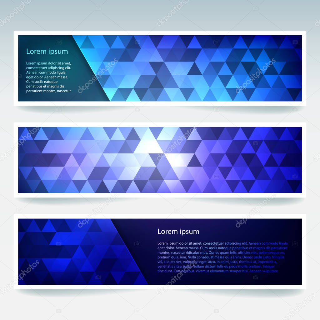 Horizontal banners set with polygonal blue triangles. Polygon background, vector illustration