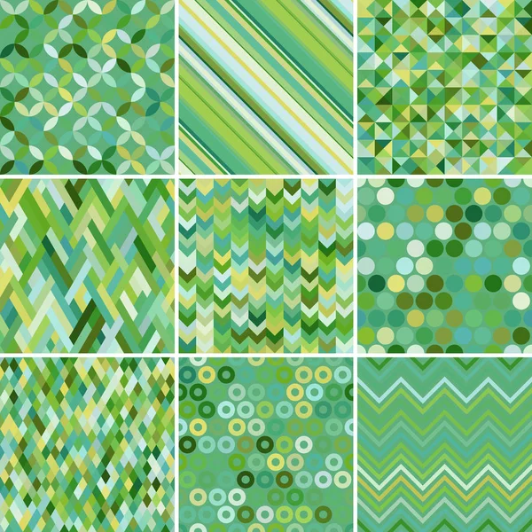 Set met negen groene naadloze abstracte geometrische patroon, vectorillustratie — Stockvector