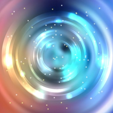 Vektör yuvarlak çerçeve. Parlayan daire afiş. Vektör tasarımı. Parlayan spiral. Mavi, turuncu, pembe renkler.