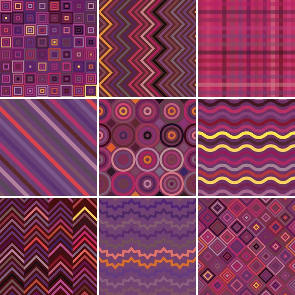Set con nueve púrpura patrón geométrico abstracto sin costura, ilustración vectorial — Vector de stock