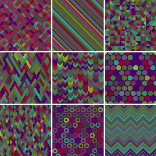 stock vector Set with nine seamless abstract geometric pattern, vector illustration. Green, purple, blue colors.