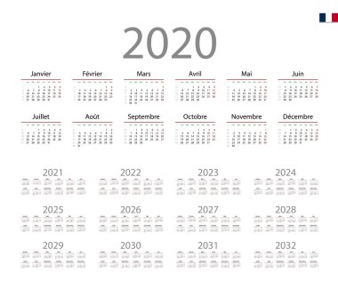 French Calendar for 2020. Week starts on Monday clipart