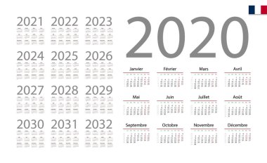 French Calendar for 2020. Week starts on Monday vector