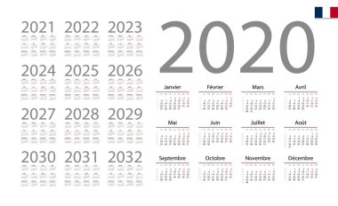 French Calendar for 2020. Week starts on Monday clipart