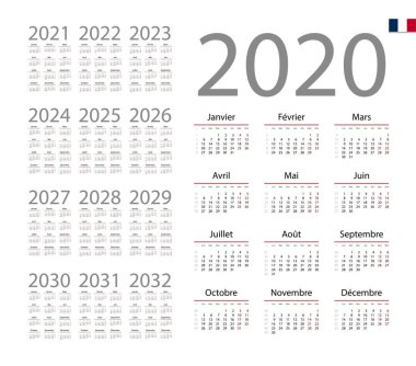 French Calendar for 2020. Week starts on Monday vector