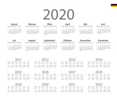German Calendar for 2020. Week starts on Monday vector