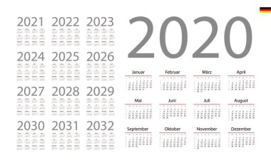 German Calendar for 2020. Week starts on Monday clipart
