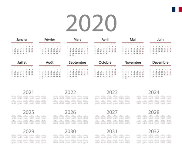 2020에 대 한 프랑스어 달력입니다. 월요일에 시작 하는 주 — 스톡 벡터