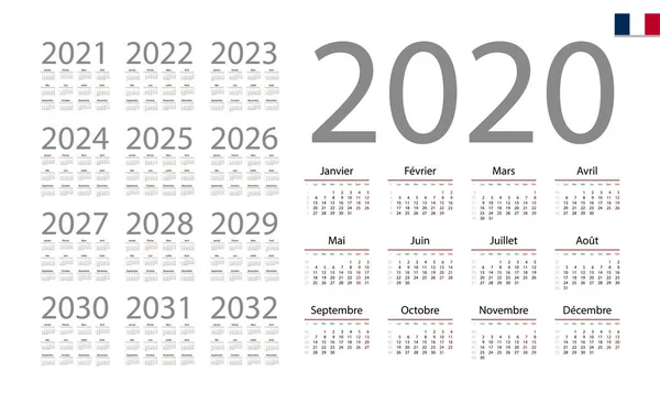 2020 için Fransız takvimi. Hafta Pazartesi başlıyor