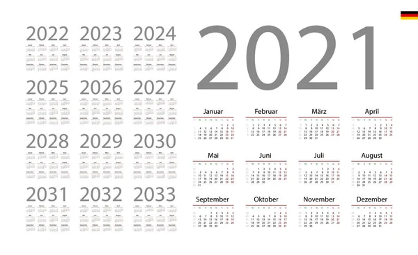 2021 için Almanca takvimi. Hafta Pazartesi başlıyor